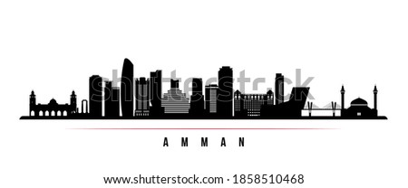 Amman skyline horizontal banner. Black and white silhouette of Amman City, Jordan. Vector template for your design. 