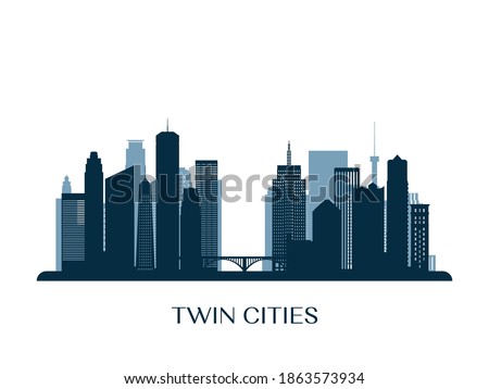 Twin Cities skyline, monochrome silhouette. Vector illustration.