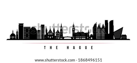 The Hague skyline horizontal banner. Black and white silhouette of The Hague City, Netherland. Vector template for your design. 