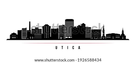 Utica skyline horizontal banner. Black and white silhouette of Utica, New York. Vector template for your design. 