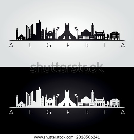Algeria skyline and landmarks silhouette, black and white design, vector illustration.