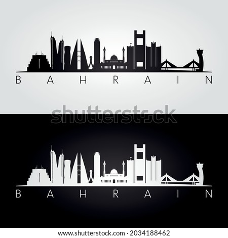 Bahrain skyline and landmarks silhouette, black and white design, vector illustration.