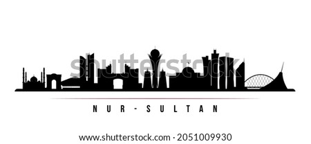 Nur-Sultan skyline horizontal banner. Black and white silhouette of Nur-Sultan, Kazakhstan. Vector template for your design. 