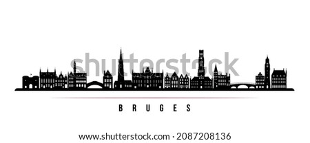 Bruges skyline horizontal banner. Black and white silhouette of Bruges, Belgium. Vector template for your design. 