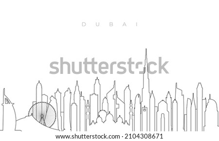 Outline Dubai skyline. Trendy template with Dubai city buildings and landmarks in line style. Stock vector design. 