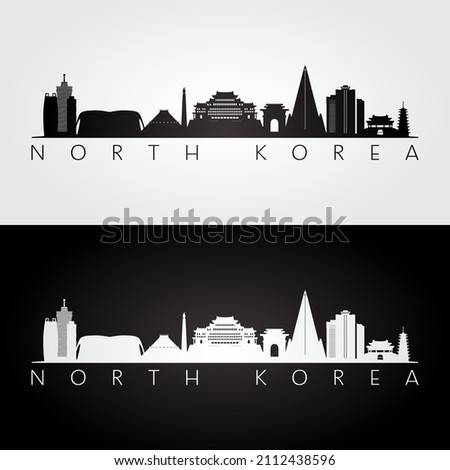 North Korea skyline and landmarks silhouette, black and white design, vector illustration.