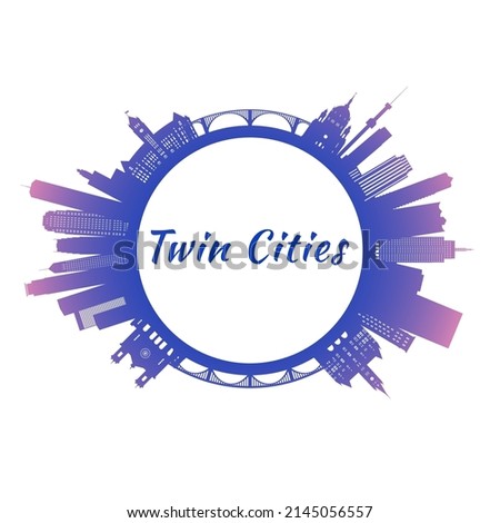 Twin cities skyline with colorful buildings. Circle style. Vector illustration.
