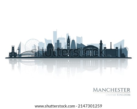 Manchester skyline silhouette with reflection. Landscape Manchester, United Kingdom. Vector illustration.