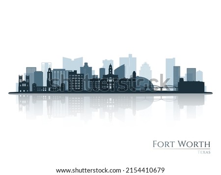 Fort Worth skyline silhouette with reflection. Landscape Fort Worth, Texas. Vector illustration.