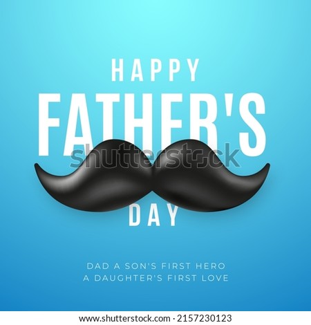 Happy Father's Day design with black moustache and greeting text on blue background. Vector illustration.