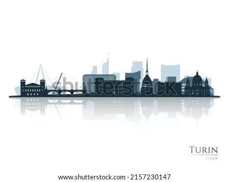 Turin skyline silhouette with reflection. Landscape Turin, Italy. Vector illustration.