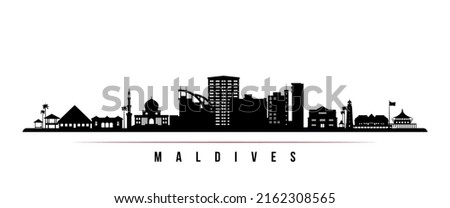 Maldives skyline horizontal banner. Black and white silhouette of Maldives. Vector template for your design. 