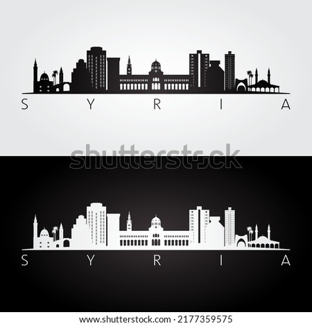 Syria skyline and landmarks silhouette, black and white design, vector illustration.