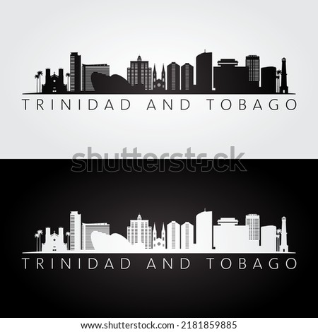 Trinidad and Tobago skyline and landmarks silhouette, black and white design, vector illustration.