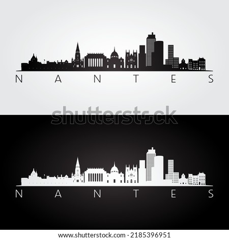 Nantes skyline and landmarks silhouette, black and white design, vector illustration.