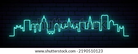 Blue neon skyline of Hartford. Bright Hartford City long banner. Vector illustration.