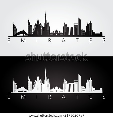 United Arab Emirates skyline and landmarks silhouette, black and white design, vector illustration.