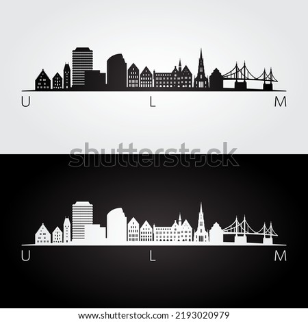 Ulm skyline and landmarks silhouette, black and white design, vector illustration.