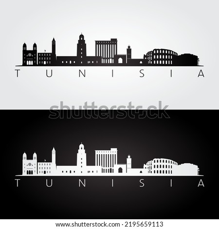 Tunisia skyline and landmarks silhouette, black and white design, vector illustration.