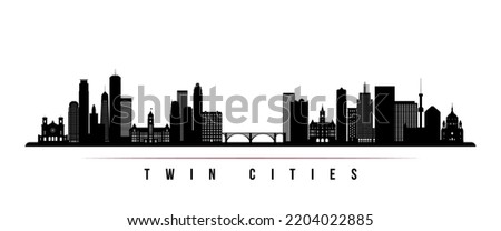 Twin cities skyline horizontal banner. Black and white silhouette of Twin cities, Minnesota. Vector template for your design. 