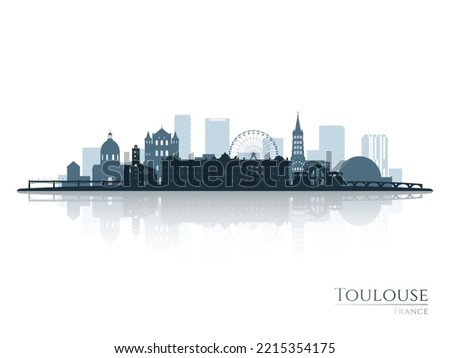 Toulouse skyline silhouette with reflection. Landscape Toulouse, France. Vector illustration.