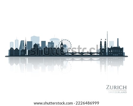 Zurich skyline silhouette with reflection. Landscape Zurich, Switzerland. Vector illustration.