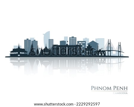 Phnom penh skyline silhouette with reflection. Landscape Phnom penh, Cambodia. Vector illustration.