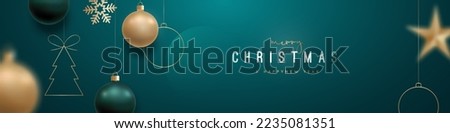 Merry Christmas and Happy New Year festive background. Realistic hanging green and golden Christmas balls. Xmas vector banner, social networks, web header.