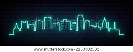 Blue neon skyline of Winston–Salem. Bright Winston–Salem City long banner. Vector illustration.
