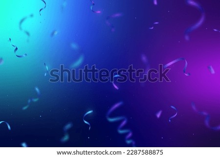 Abstract neon colorful banner. Shiny ribbons falling on background. Design template for party, celebration and birthday. Bright foil confetti reflecting neon light.