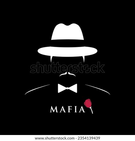 Italian Mafiosi in hat and bow tie. Silhouette of gangster with red rose. Mafia Vector Icon.