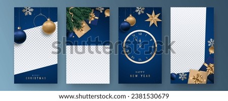 New Year Stories template. Set vertical Xmas banner. Realistic blue and golden Christmas elements. 