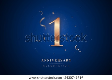 1st Anniversary celebration greeting card. Rose Gold metallic Number 1 with sparkling confetti on dark blue background. Design template for birthday or wedding party event decoration.