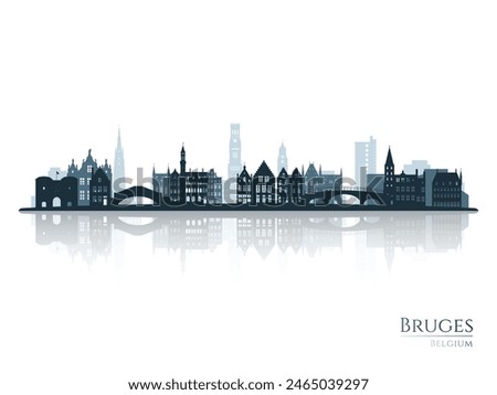 Bruges skyline silhouette with reflection. Landscape Bruges, Belgium. Vector illustration.