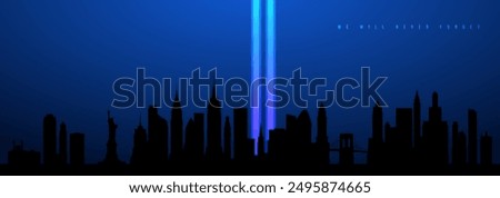 Silhouette of NYC skyline with Twin Towers light tribute