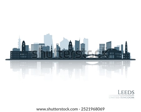 Leeds skyline silhouette with reflection. Landscape Leeds, United Kingdom. Vector illustration.