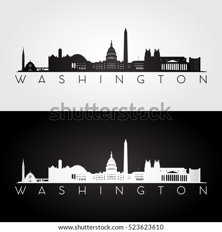 Washington USA skyline and landmarks silhouette, black and white design, vector illustration.