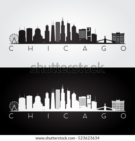 Chicago USA skyline and landmarks silhouette, black and white design, vector illustration.