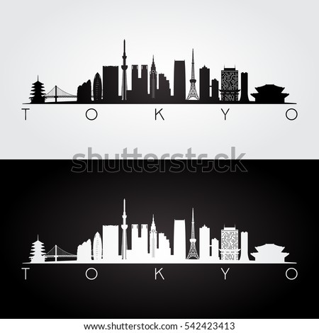 Tokyo, Japan skyline and landmarks silhouette, black and white design, vector illustration.