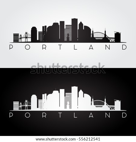 Portland USA skyline and landmarks silhouette, black and white design, vector illustration.