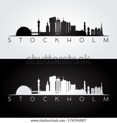 Stockholm skyline and landmarks silhouette, black and white design, vector illustration.