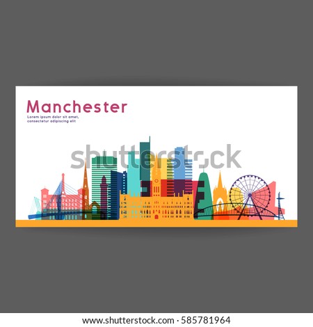 Manchester colorful architecture vector illustration, skyline city silhouette, skyscraper, flat design.