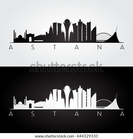 Astana skyline and landmarks silhouette, black and white design, vector illustration.