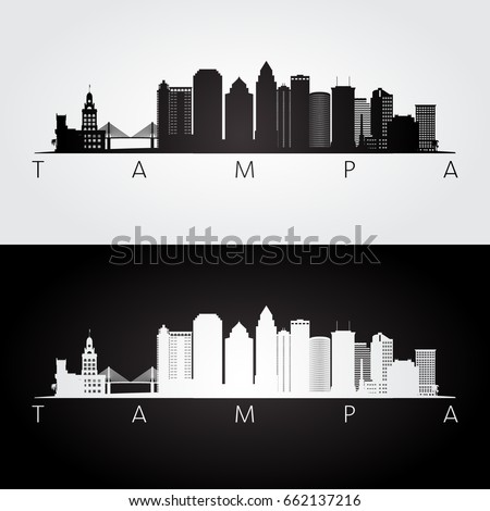 Tampa USA skyline and landmarks silhouette, black and white design, vector illustration. 