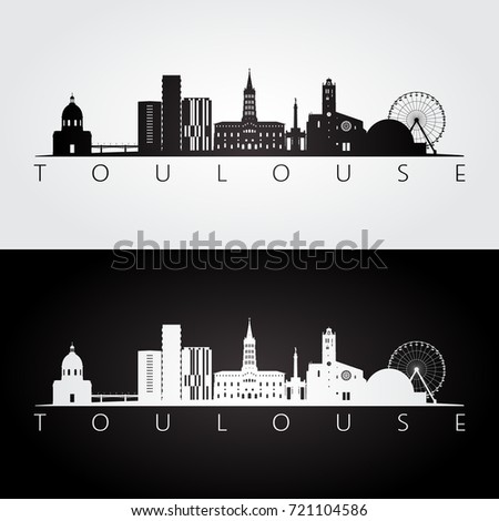 Toulouse skyline and landmarks silhouette, black and white design, vector illustration.