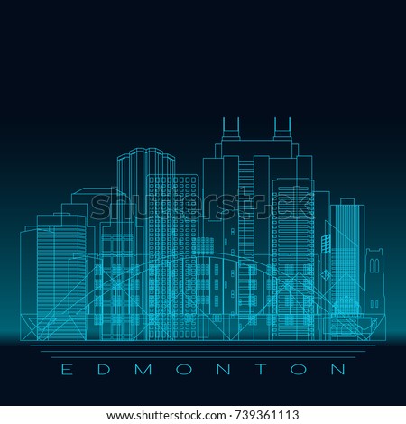 Edmonton skyline, detailed silhouette. Modern vector illustration, blue linear style.