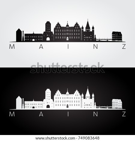 Mainz skyline and landmarks silhouette, black and white design, vector illustration.