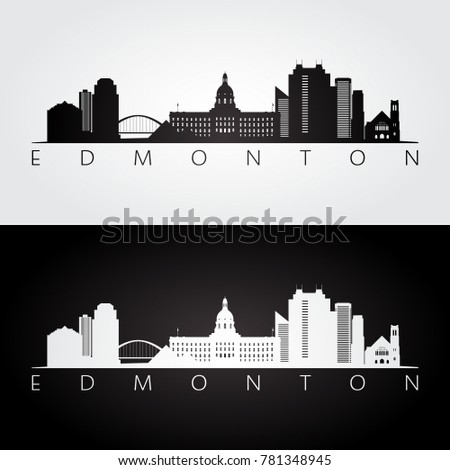 Edmonton skyline and landmarks silhouette, black and white design, vector illustration.