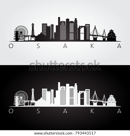 Osaka skyline and landmarks silhouette, black and white design, vector illustration.