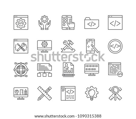 Set of Custom Development outline icons isolated on white background. Editable stroke. 64x64 Pixel Perfect.